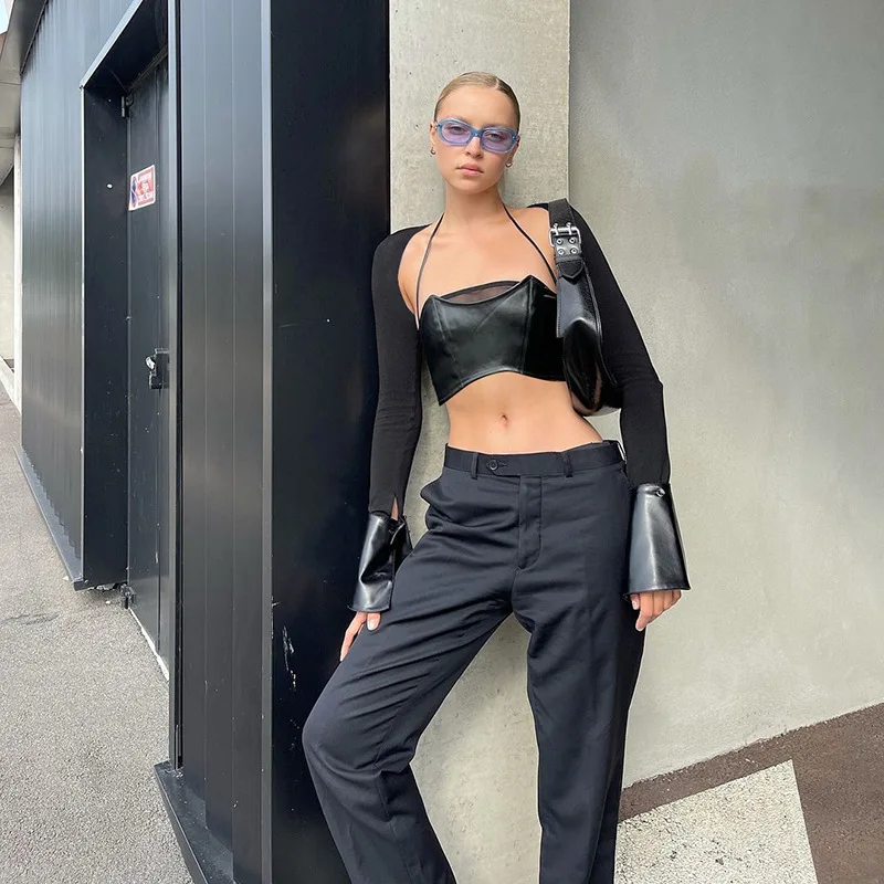 

Winter Women Fashion Clothes Styles Patchwork Black PU Sexy T-Shirt Two Piece Crop Top Set