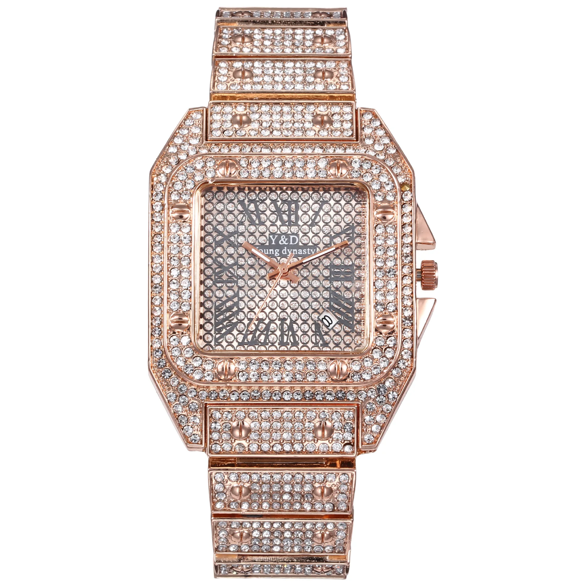 

5005 Luxury Square Day Date Gold Silver Full Diamonds Watches Men Bling Hip Hop Quartz Watch 2021, Mixed all color