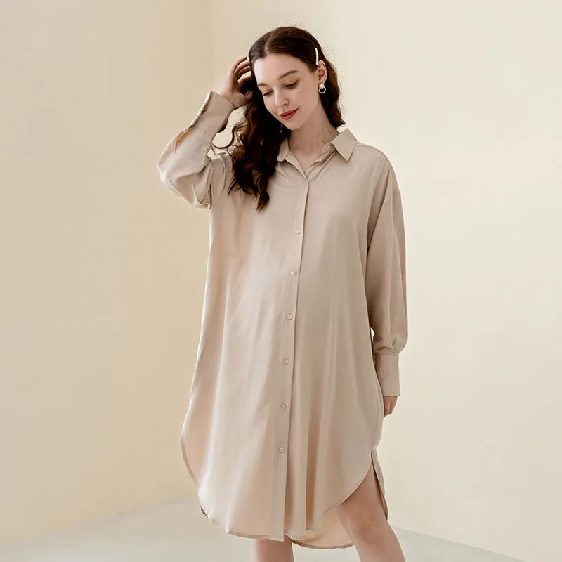 

Spring Fashion Solid Color Turn-down Collar Maternity Dress Long Sleeve, Champagne,black