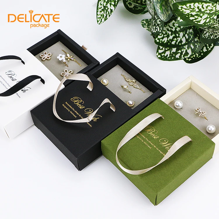 

Custom Logo Luxury Gift Jewelry Box Packaging Boxes White Ring Earring Paper Ribbon Handle Sliding Drawer leather velvet