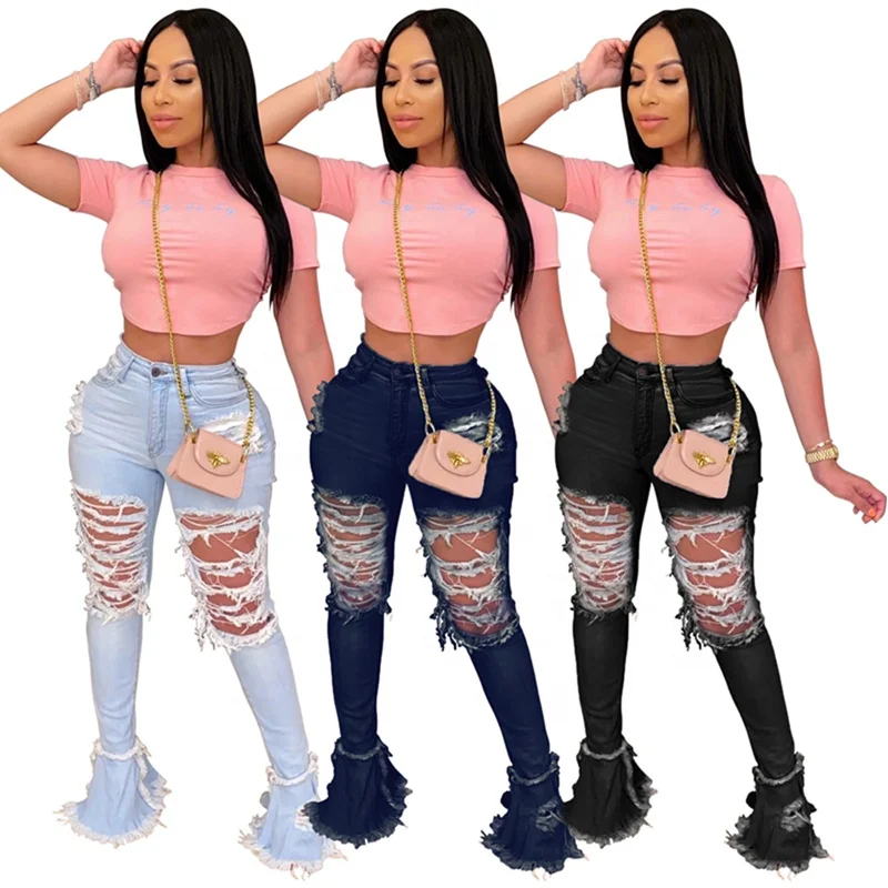 

Chic High Waist Woman Ripped Flared Jeans Pants With Flared Bottoms S-3XL, Light blue, black, deep blue