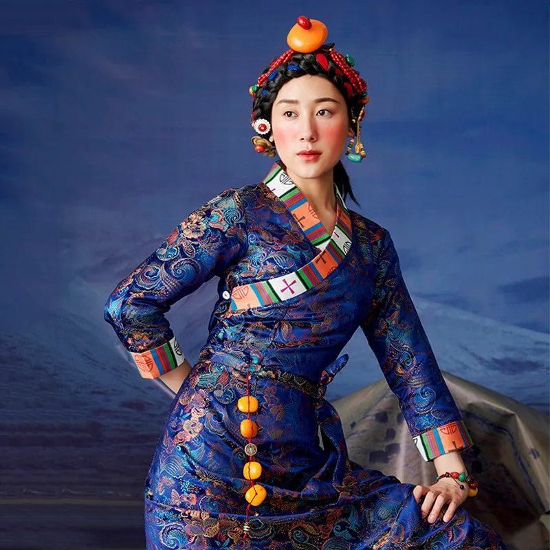 

Red blue Tibetan Holidays costume Zhuoma Living Clothes Spring Autumn Tibet Girl Cotton Clothing Lhasa Fashion Gown Robe