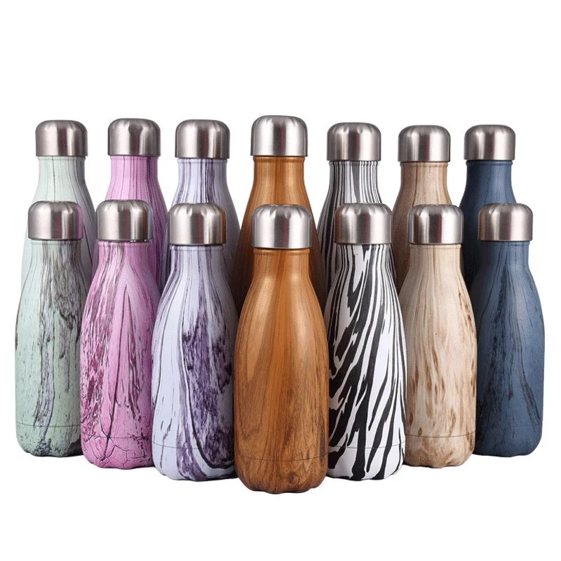 
500ml Wooden Design Logo Printing Cola Shape Double Wall Water Cup Vacuum Sport Flask Stainless Steel Insulated Bottle 