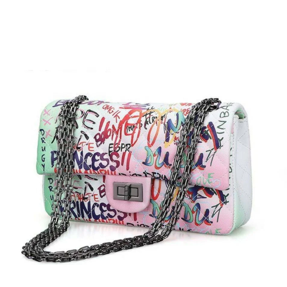 

Hot selling fashion colorful luxury chain purse women bags graffiti bags