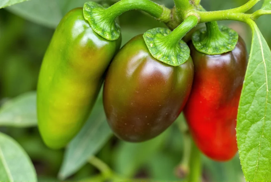 Close-up of cayenne peppers at different growth stages showing green, purple-tinged, and fully red specimens on the same plant
