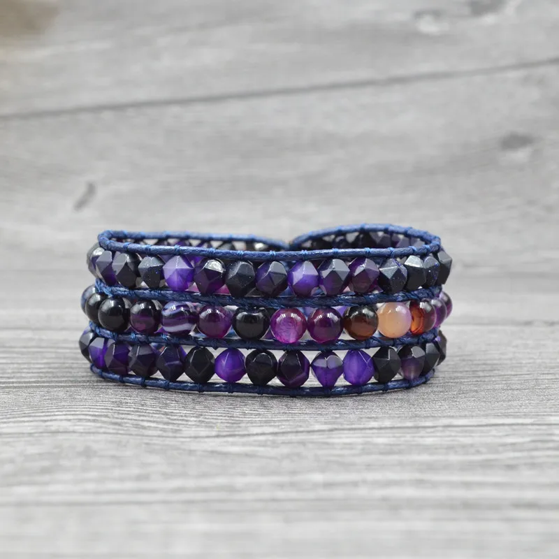 

European Hotselling Bohemian Ethnic 6mm Purple Agate Boho Bracelet 3 Layered Handmade Braid Purple Agate Stone Wrap Bracelet