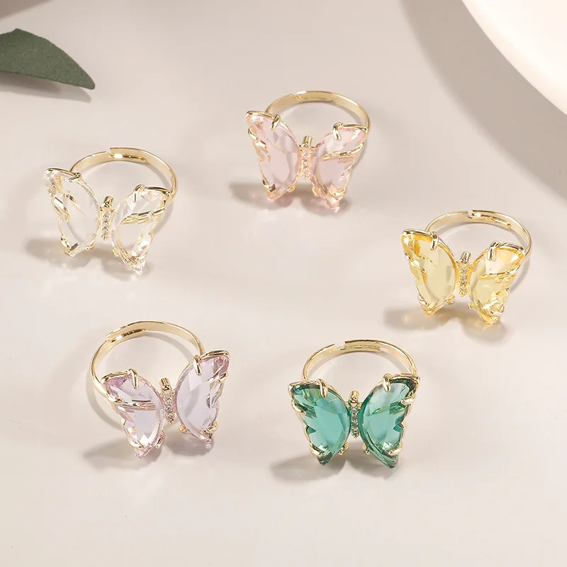 

New Creative Green Yellow White Purple Pink Glass Butterfly Open Rings Resizable 18k Real Gold Plated Crystal Butterfly Rings, As picture show