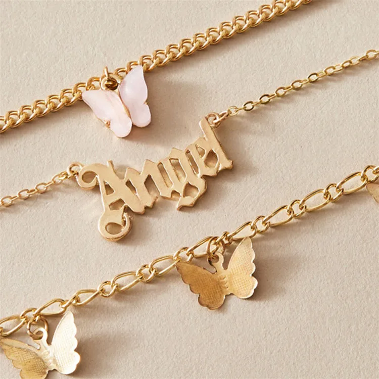 

Personality Three-Layer Simple Bling Birth Year Name Butterfly Anklet Set For Party Gifts, Gold