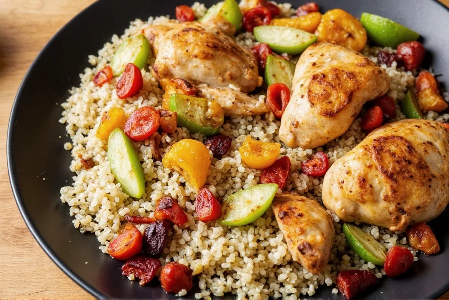 Lemon pepper chicken thighs served with roasted vegetables and quinoa on a wooden table