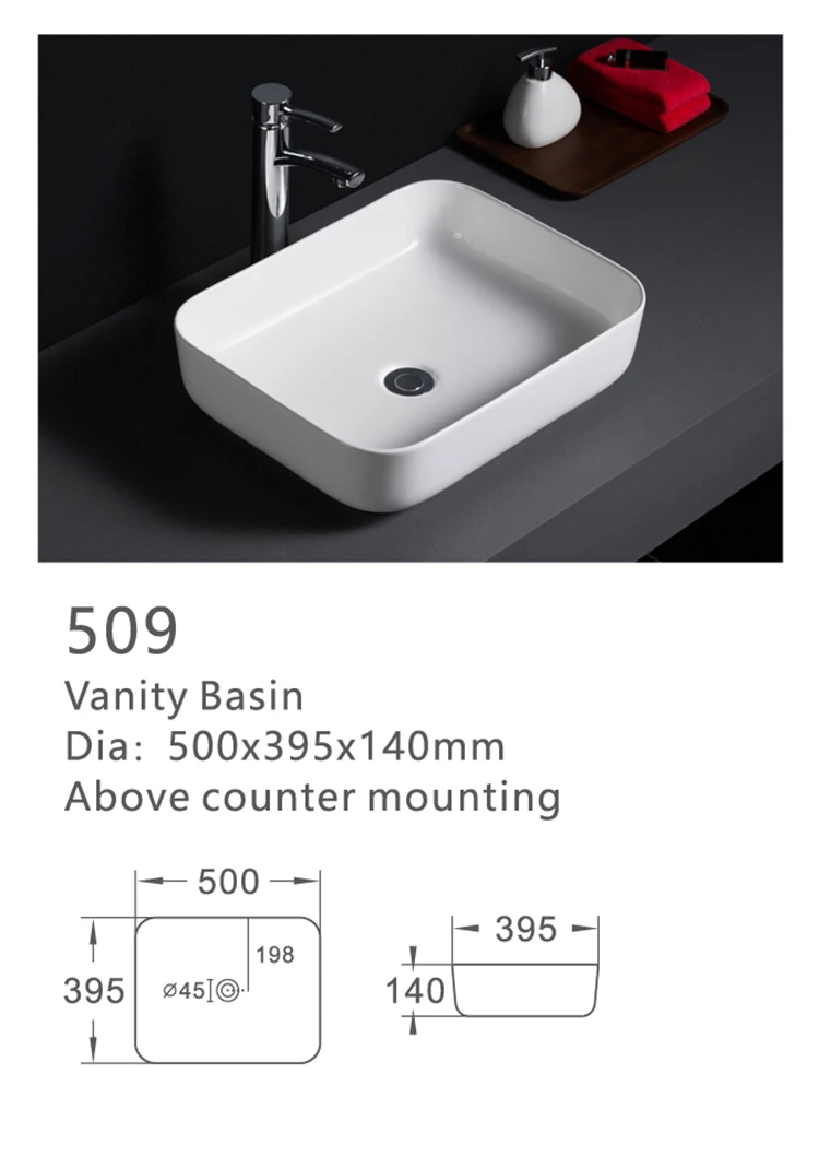 509 Smooth surface white glaze fancy rectangle cheap ceramic bathroom sink for restaurant