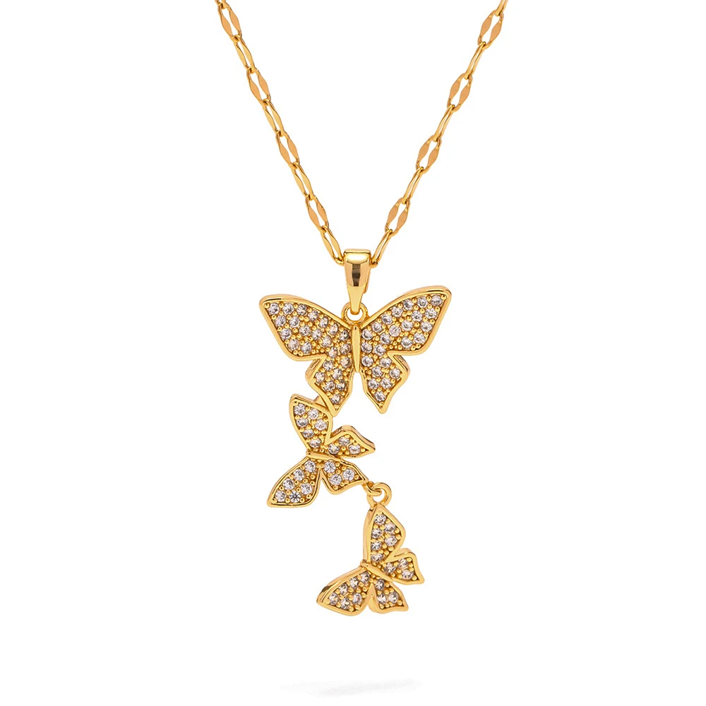 

New Arrival 18K Gold Plated Stainless Steel Clear Zircon Paved Three Butterfly Pendant Necklace