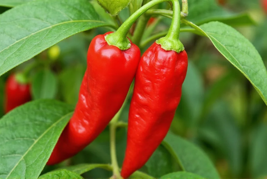 Fresh ghost peppers on plant showing characteristic red color and wrinkled texture