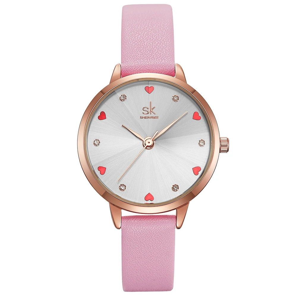 

SHENGKE Lovely Lady Watch Diazzling Diamond And Love Heart Index Dial Soft Leather Band Japanese Quartz Movement K8049, 4 colors /customized colors