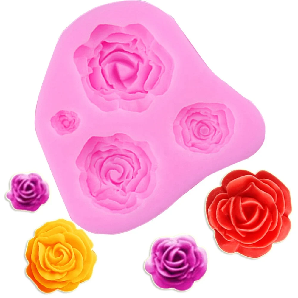 

Dongguan factory price 4 cavity rose 3d silicone mold flowers fondant cake decorating tools silicon mold, White and pink