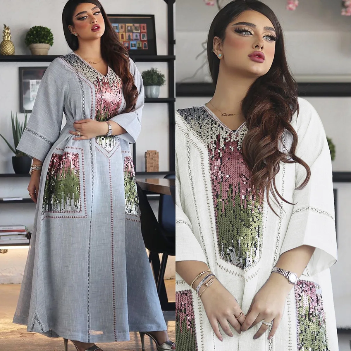 

Women's robes Muslim dress sequins The embroidery Eid in Dubai Jalabiya robes Saudi Arabia loose plus-size Stripe yarn