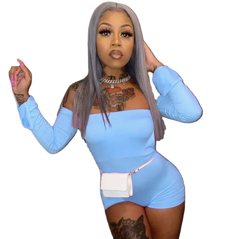 

2021 Summer Spring Ladies Backless Solid Plain Long Sleeve Women Off Shoulder Short Romper Sexy Club Outfit Plain Rompers -PT, Black,blue,pink