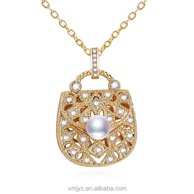 

Exquisite Hand Bag Freshwater Pearl Pendant Necklace 18K Bag Gold Micro Inlaid Zircon Jewelry Gift