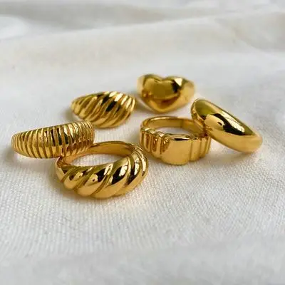 

18K Gold Plated Stainless Steel Striped Croissant Ring Engraved Stripes Braided Twisted Rope Signet Chunky Rin