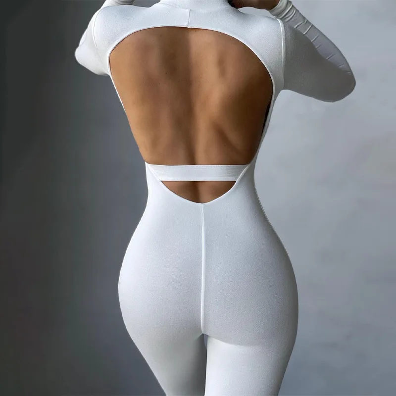 

Women New Casual One Piece Outfit Jumpsuit Long Sleeve Backless Black Jumpsuit Stretchy Sport White Active Wear Zipper Jumpsuit, Solid color