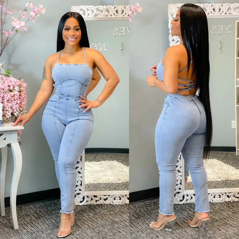 

2022 New Fashionable Streetwear Skinny Jeans Women Denim Backless Strap Plus Size Jumpsuits Women One Piece Jumpsuit