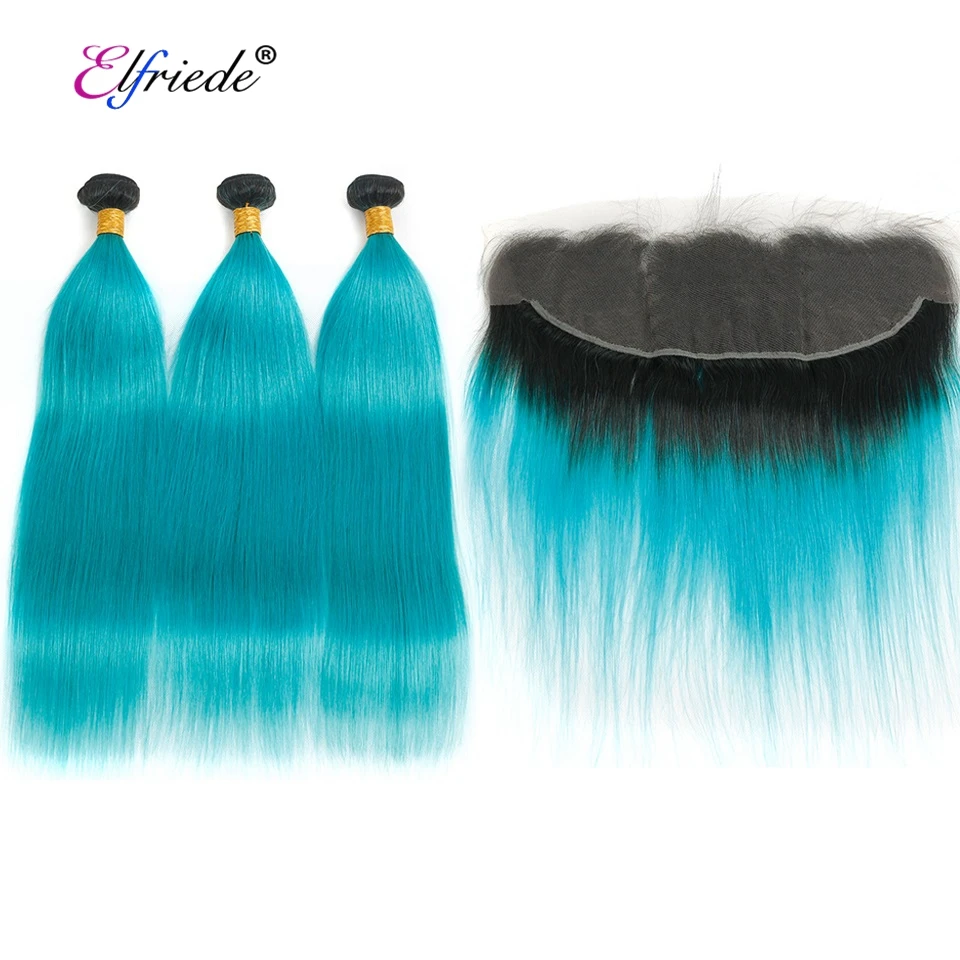 

#T 1B/Peacock Blue Straight Hair Bundles with Frontal Ombre Brazilian Remy Human Hair Weaves with 13"x4" Lace Frontal JCXT-423