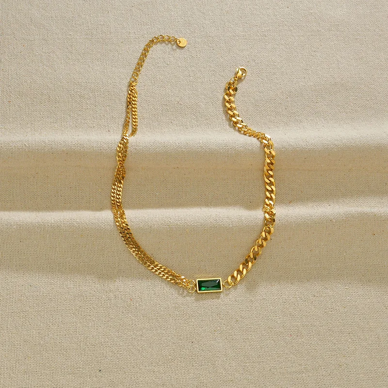 

New Design Stainless Steel 18k Plated Cuba Chain Green Zircon Necklace, As the picture