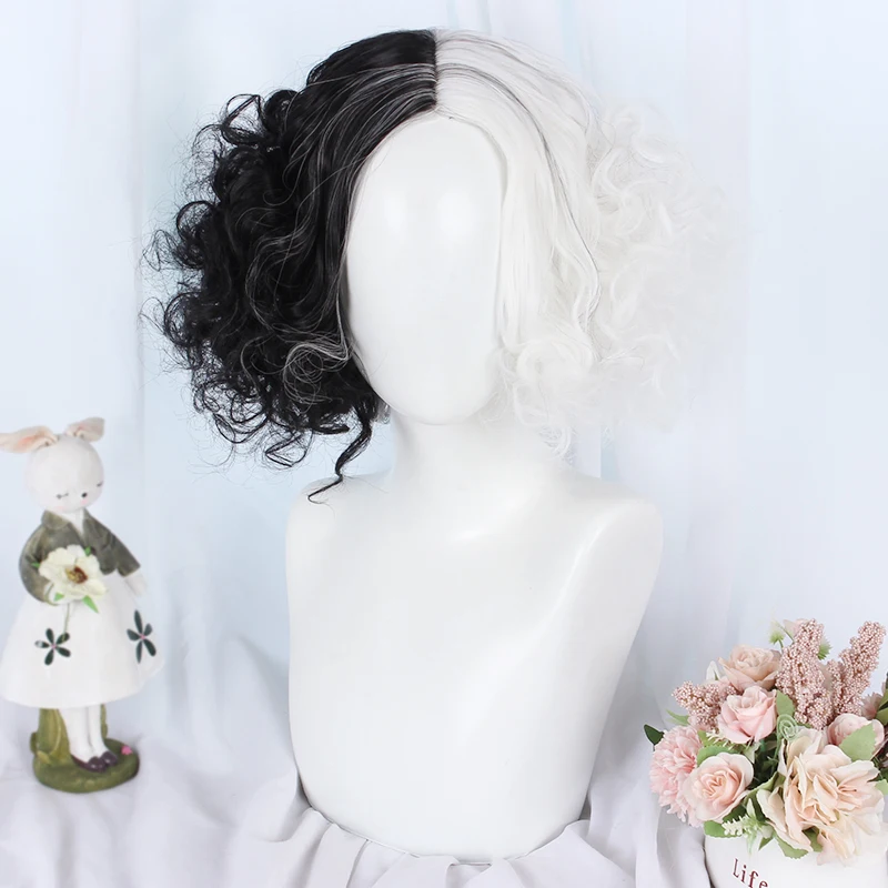 

New movie Cruella Half Black and White Wigs for Costume Cosplay Women Girls Short Curly Hair Cute Wig for Party Halloween, White and black