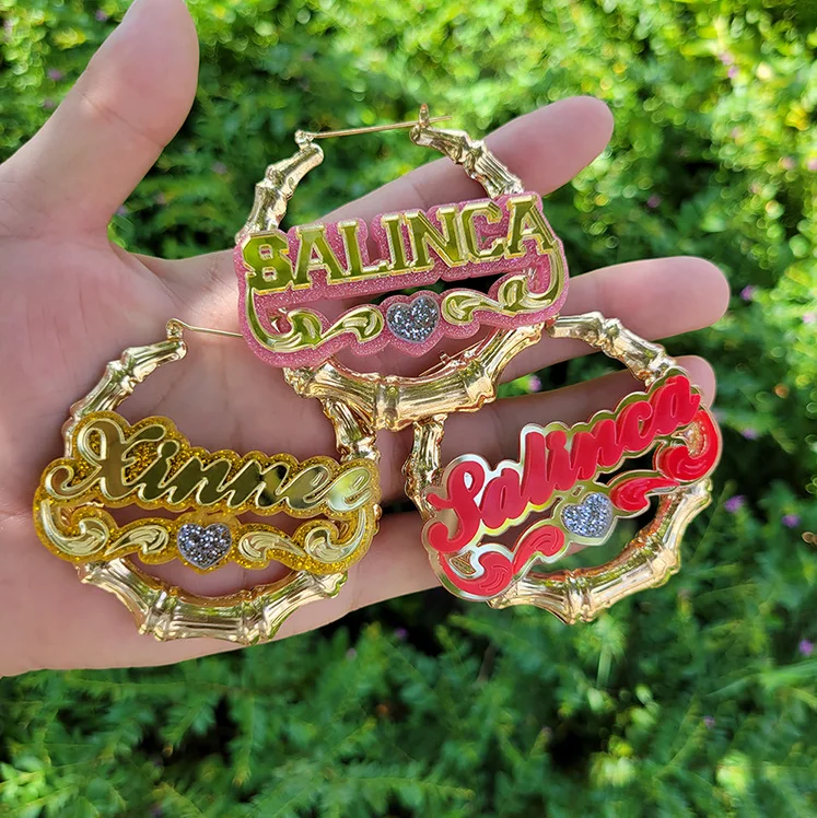 

Hot selling 18k gold plated custom name acrylic bamboo earrings gift for women, Colors