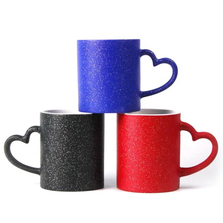 

11oz Personalized Sublimation Blank Glitter Magic Color Changing Mug With Heart Handle For Gifts, Black/red/blue