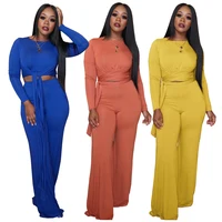 

LF3178 women solid flare pants and crop top two piece set