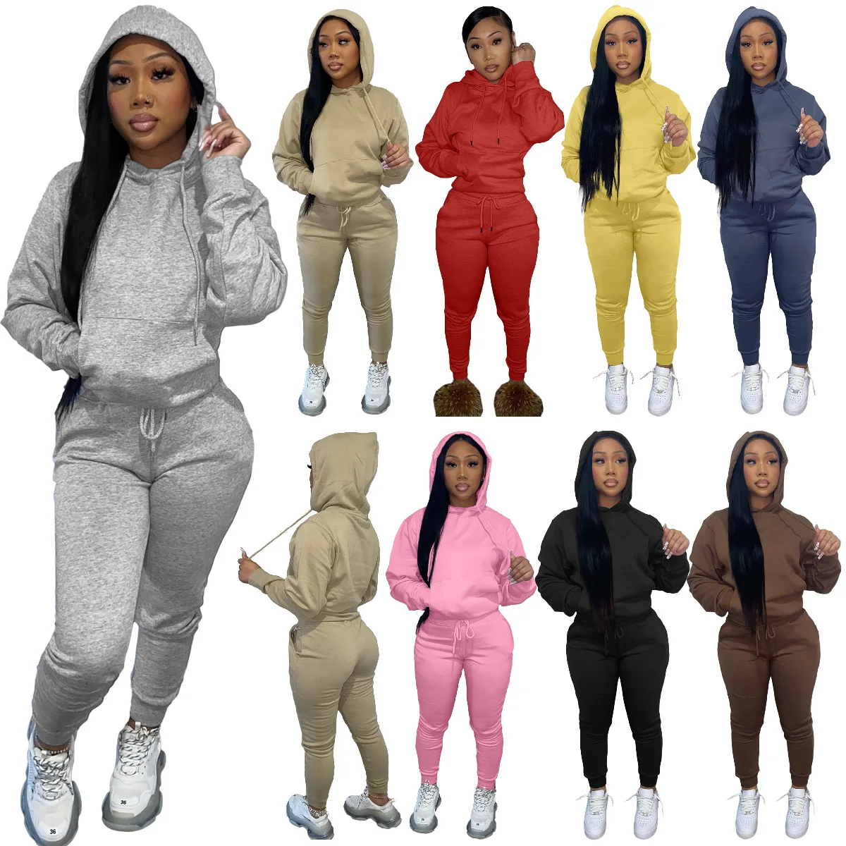 

2021 Wholesale Custom Joggers Tracksuits Sexy Crop Tops 2 Piece Pant Set Ladies Hoodies Two Piece Pant Trousers Set Clothing