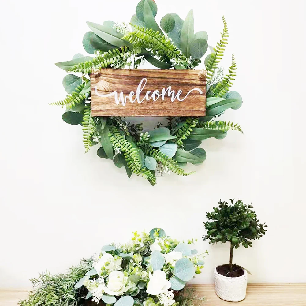 

Amazon 18inch artificial eucalyptus wreath with WELCOME wooden sign for festival front door wall window party decor wreath, Green and other customized...