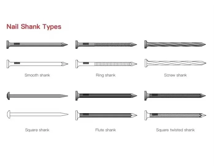 Rhinails technical guide to nail shank types including smooth shank, ring shank, screw shank, square shank, flute shank, and square twisted shank