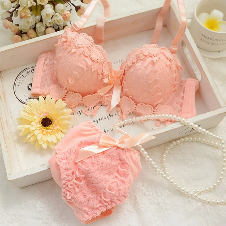 

1960 Lovely Girls Lace Bra Panty Sets Cute Japanese Underwire Push Up Lace Bra Set, 7 colors: white, pink, yellow, red, green, blue, black