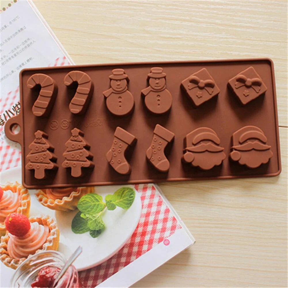 

Silicone 12 with 6 groups of Santa Claus Christmas tree Christmas socks Snowman Christmas gift box crutch chocolate mold, Chocolate color