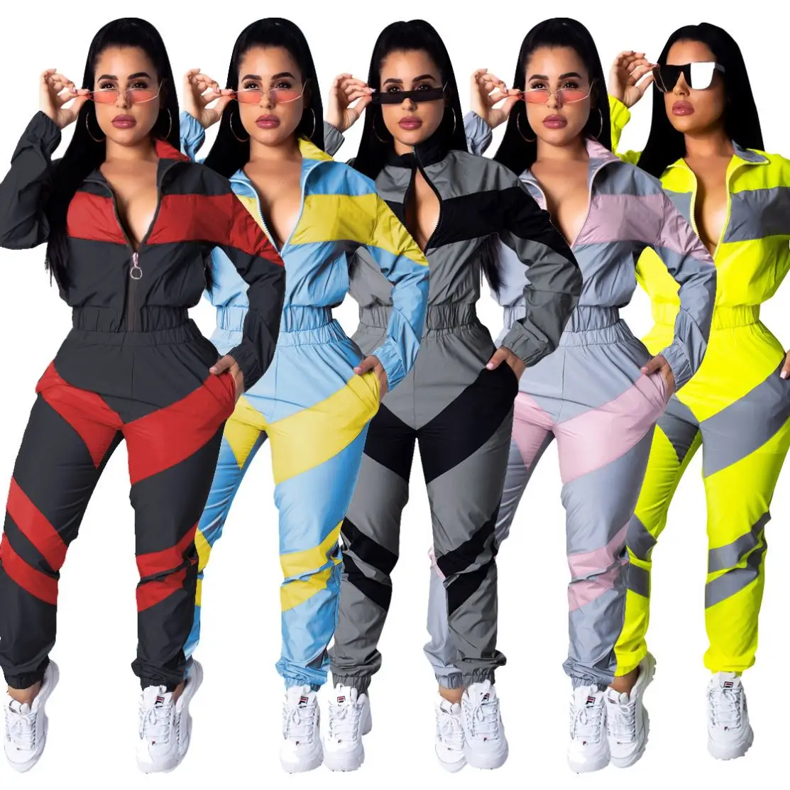 

Spring popular womens stacked joggers 2 color stitching womens sweatpants plus size windbreaker zipper two piece sweat suit set, Picture