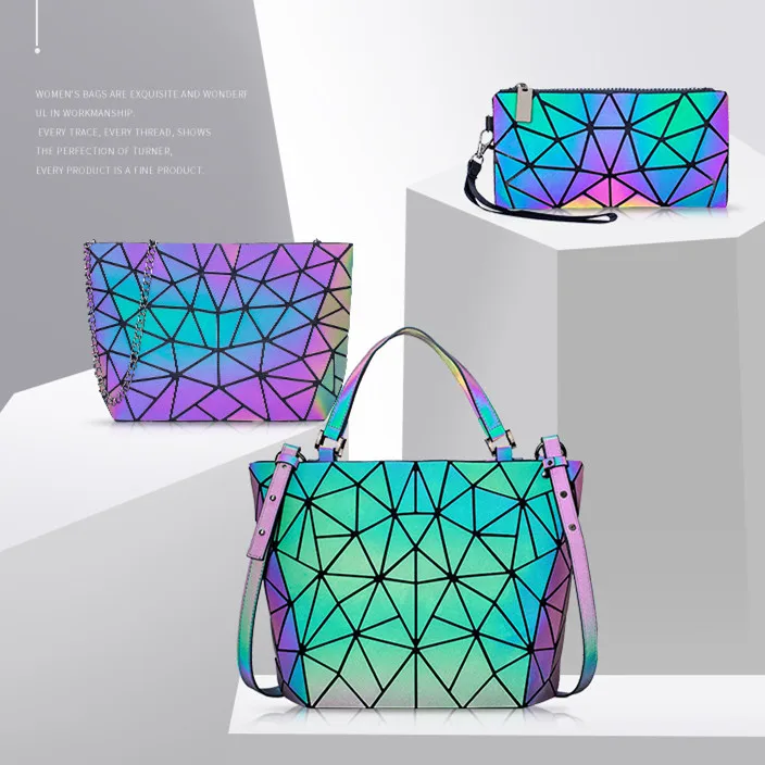 

2021 Brand Reflective Shoulder Tote Bag Amazon Hot Sale Women Luminous Bag Geometric Ladies Bags Handbag Set