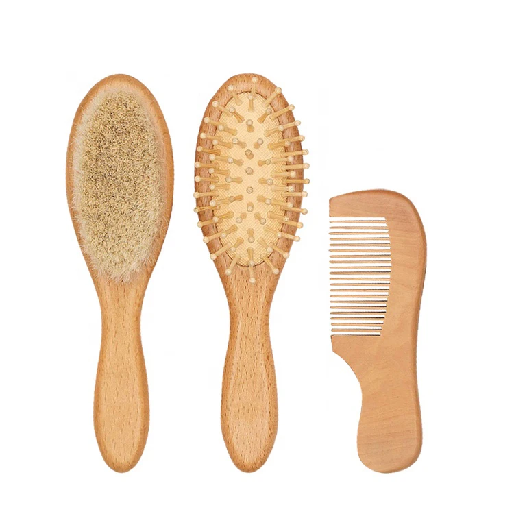 

3Pcs Eco-Friendly Natural Soft Goat Toddlers Baby Wooden Hair Brush Set Comb and Brush Set for Newborn Infant