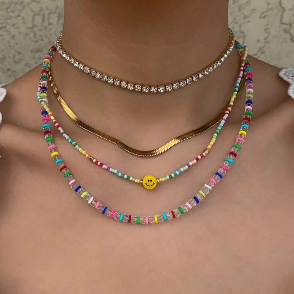 

2021 Bohemian Multilayer Pink Beads Snake Chain Necklace For Lady Crystal Smile Face Colorful Rice Bead Necklace, Gold plated