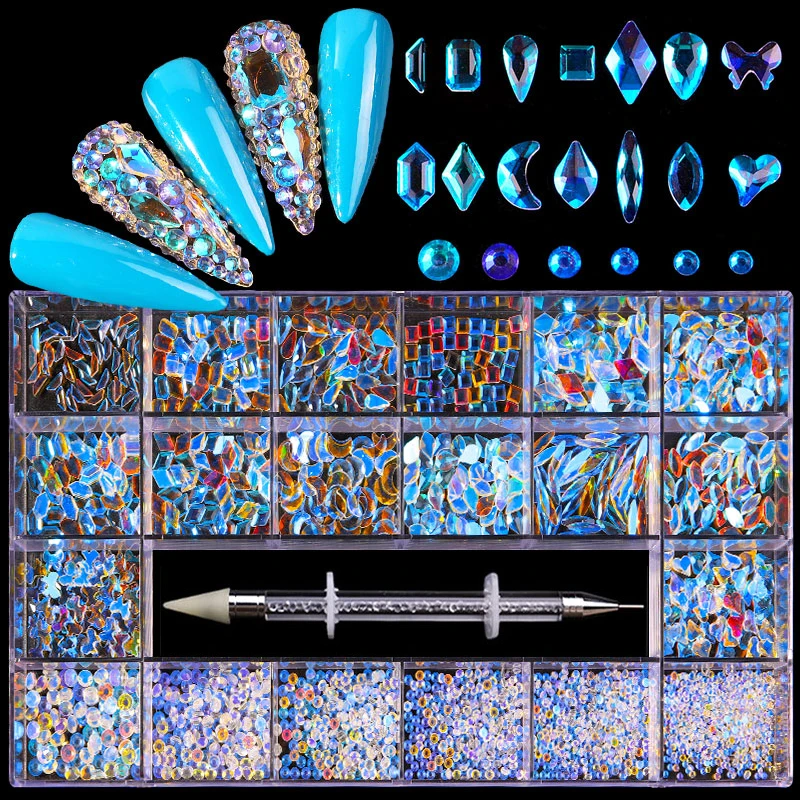 

Misscheering Aurora blue Nail Art Mix Shape Fancy Shaped Box Flat Bottom Glass nail rhinestone art decoration white rhinestones