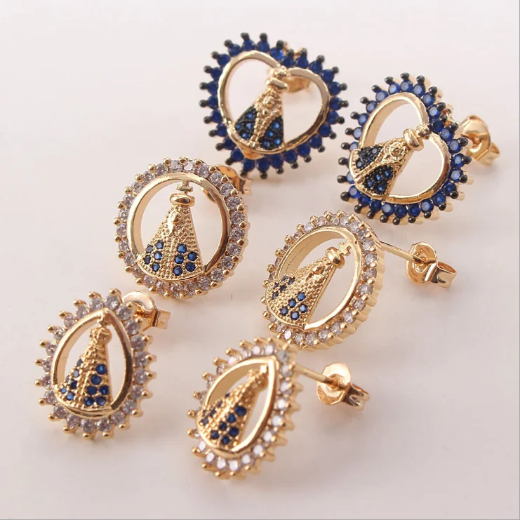 

Lotus 18K gold plated CZ virgin mary stud earrings women accessories