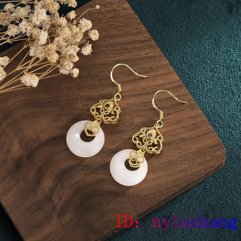 

White Jade Doughnut Earrings Zircon Gemstone Chalcedony Amulet Crystal Agate 925 Silver Fashion Gifts Women Jewelry Charm