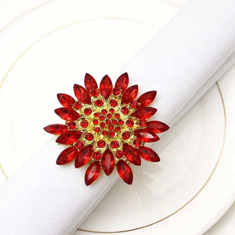 

Red Rhinestone Napkin Rings Crystal Flower Napkin Ring Holders for Dinner Parties Home Wedding Birthday Christmas Party HWD48