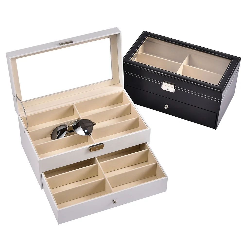 

Wholesale 2 layers multi capacity pu leather storage box for glasses sunglass organizer, White,brown,black,pantone as well as cmyk