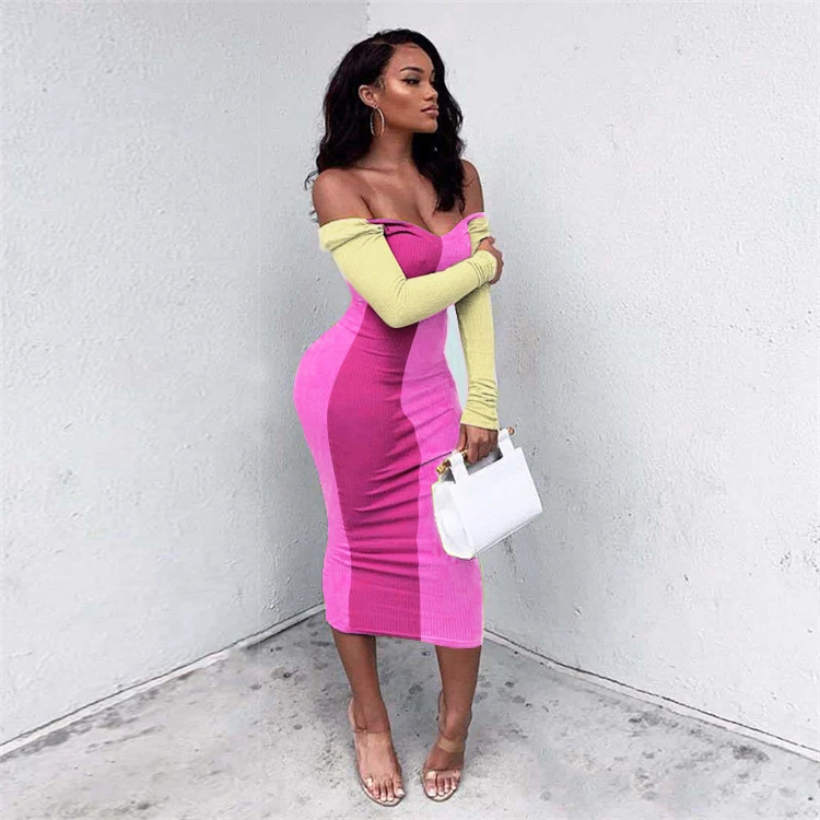 New Arrival Elegant Contrast Color Off Shoulder Long Sleeve Knit Maxi Long Women Dresses Girl Casual dress