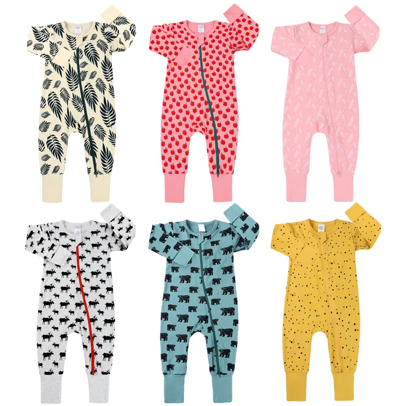 

KTFS 40 Colors Newborn Girls Leaf Print Jumpsuits Toddler Girl Stripes Bodysuits Autumn Spring Long Sleeve Zipper Jumpsuits Boys