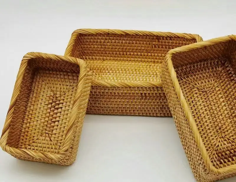 

Factory price Rectangular woven wicker rattan basket tray rattan storage