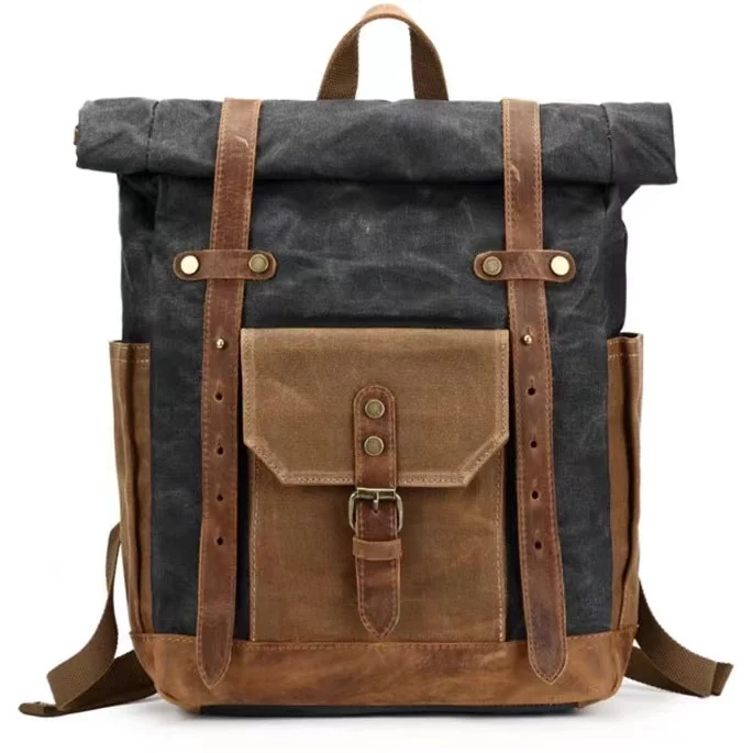 

Retro Men's Outdoor Travel Laptop Backpack School Bag Rucksack High Quality Waxed Canvas Hiking Backpack Leather Backpack Men, Black,coffee,green,armygreen