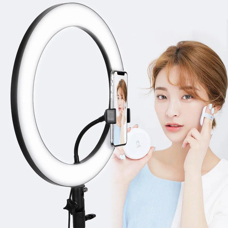 

36cm Photographic Phone Holder LED Fill Lamp Mobile Live Video Selfie Ring Light With Tripod Stand, Black