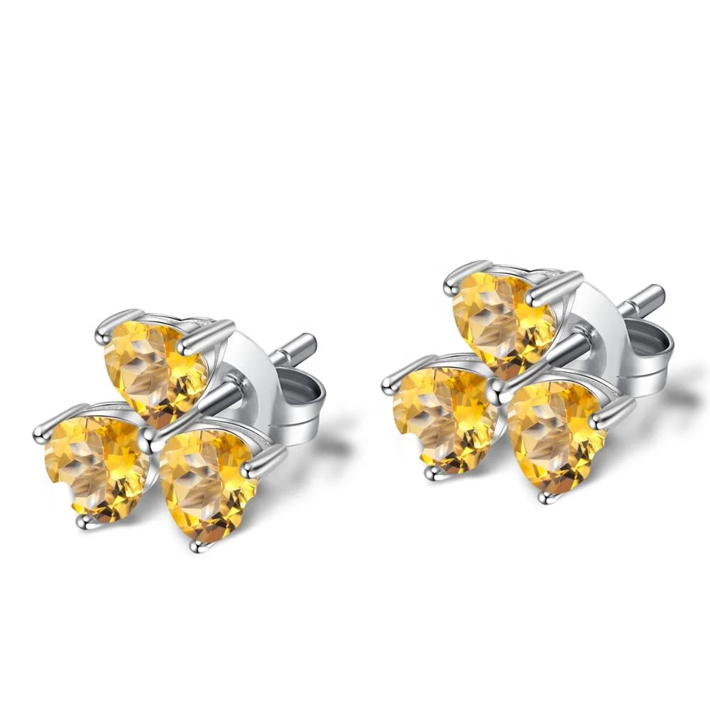 

Abiding Stud Earrings Natural Yellow Citrine Three Love Heart Leaf 925 Sterling Silver Earrings For Lover Gift Jewelry